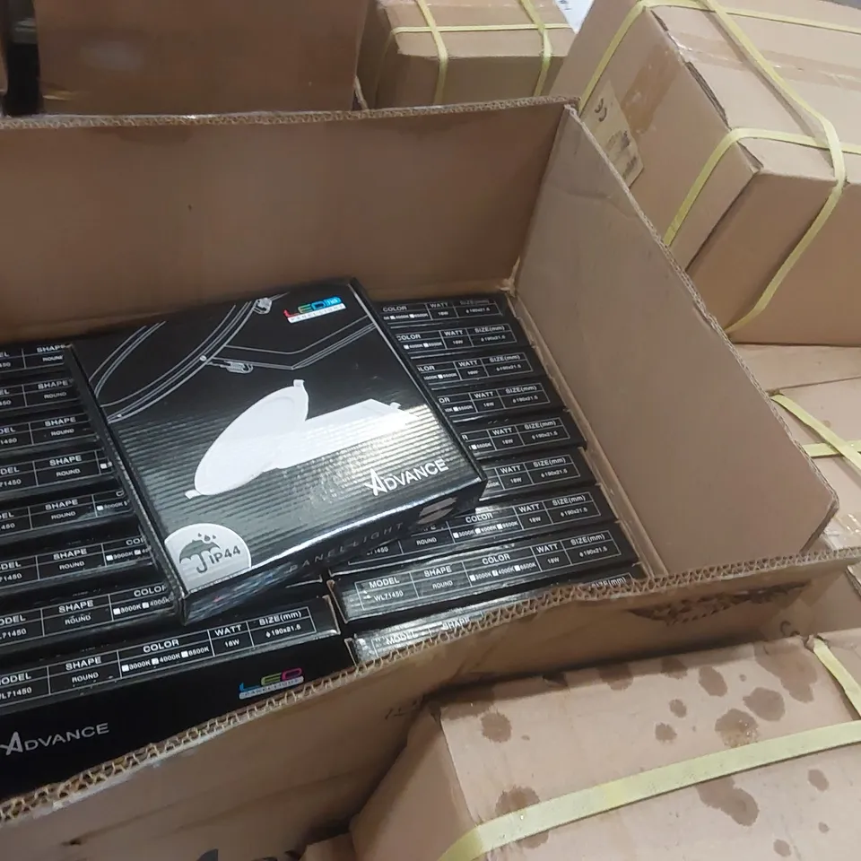 PALLET CONTAINING A VERY LARGE QUANTITY OF ASSORTED LIGHTING PRODUCTS TO INCLUDE: KANLUX BENO LED LIGHTING FIXTURES WITH MICROWAVE MOTION SENSORS, LED EMERGENCY MODULES, LED PANEL LIGHTS ECT