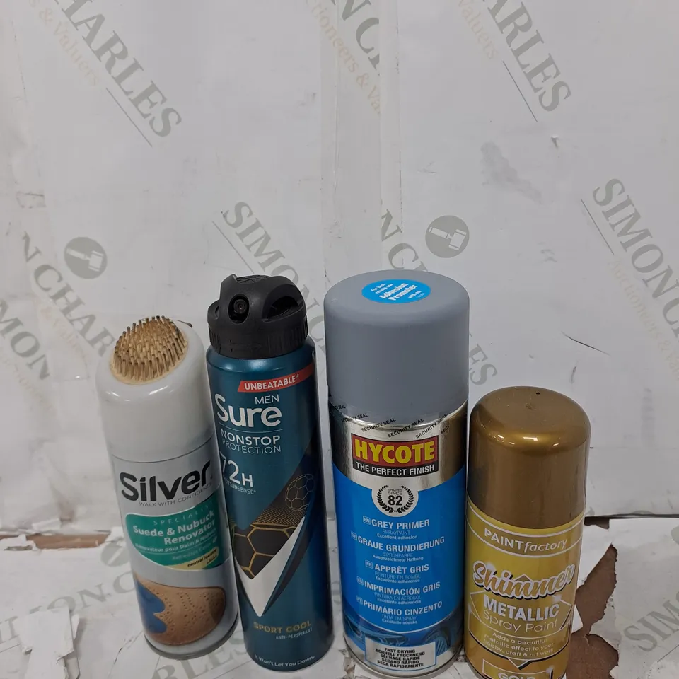 ASSORTED AEROSOLS TO INCLUDE SURE SPRAY , GREY PRIMER , SUEDE RENOVATOR  ,  ETC - COLLECTION ONLY 