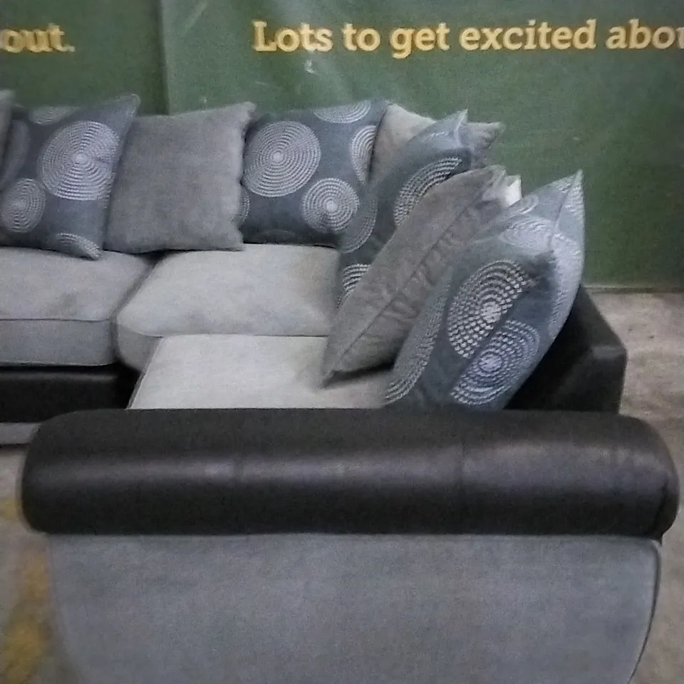 DESIGNER SHANNON VIPER BLACK AND GRACELANDS GREY CORNER SOFA WITH SCATTER CUSHIONS