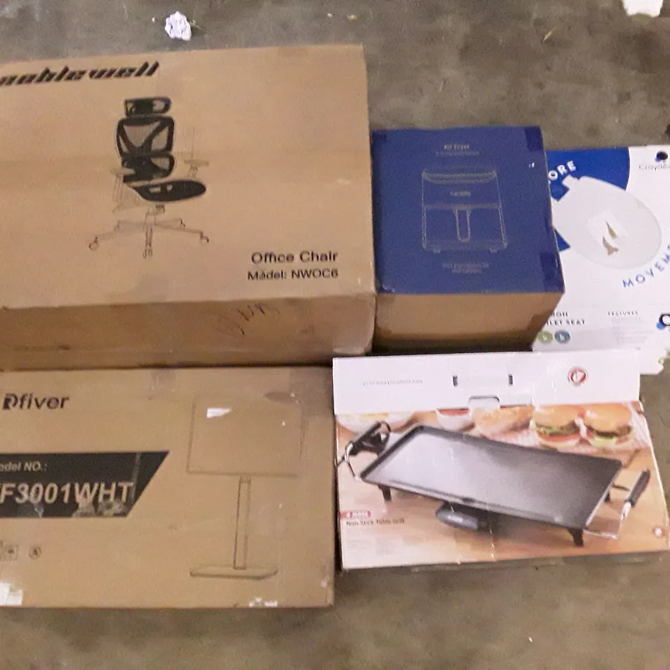 PALLET OF ASSORTED PRODUCTS INCLUDING AIR FRYER, OFFICE CHAIR, TV STAND, NON STICK TABLE GRILL, TOILET SEAT 