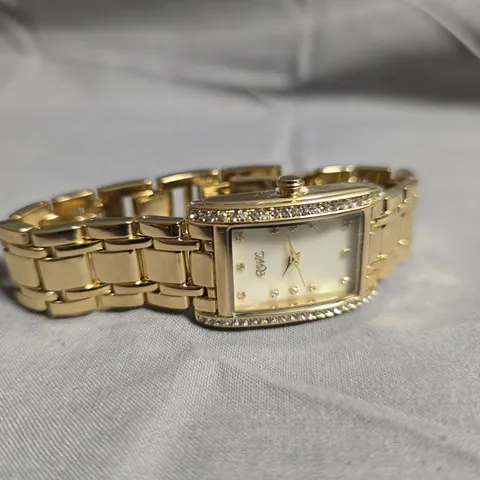GOLD-TONE SQUARE-FACED WRISTWATCH WITH CRYSTAL BEZEL