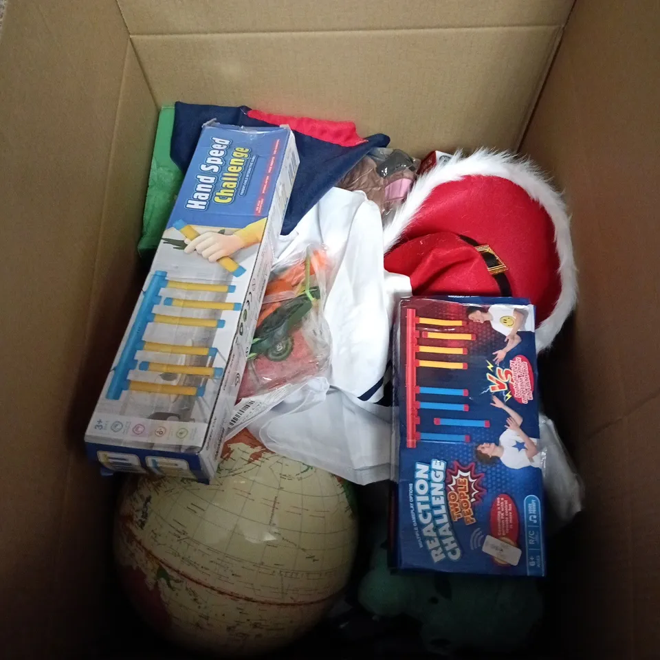 BOX OF APPROXIMATELY 15 ASSORTED TOYS INCLUDING ARTICULATE , REACTION CHALLENGE AND HAND SPEED CHALLENGE