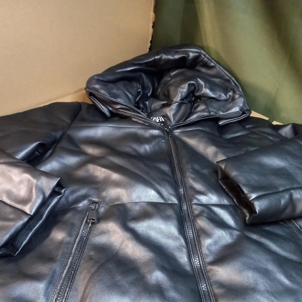 ZARA BLACK FAUX LEATHER PADDED JACKET - LARGE