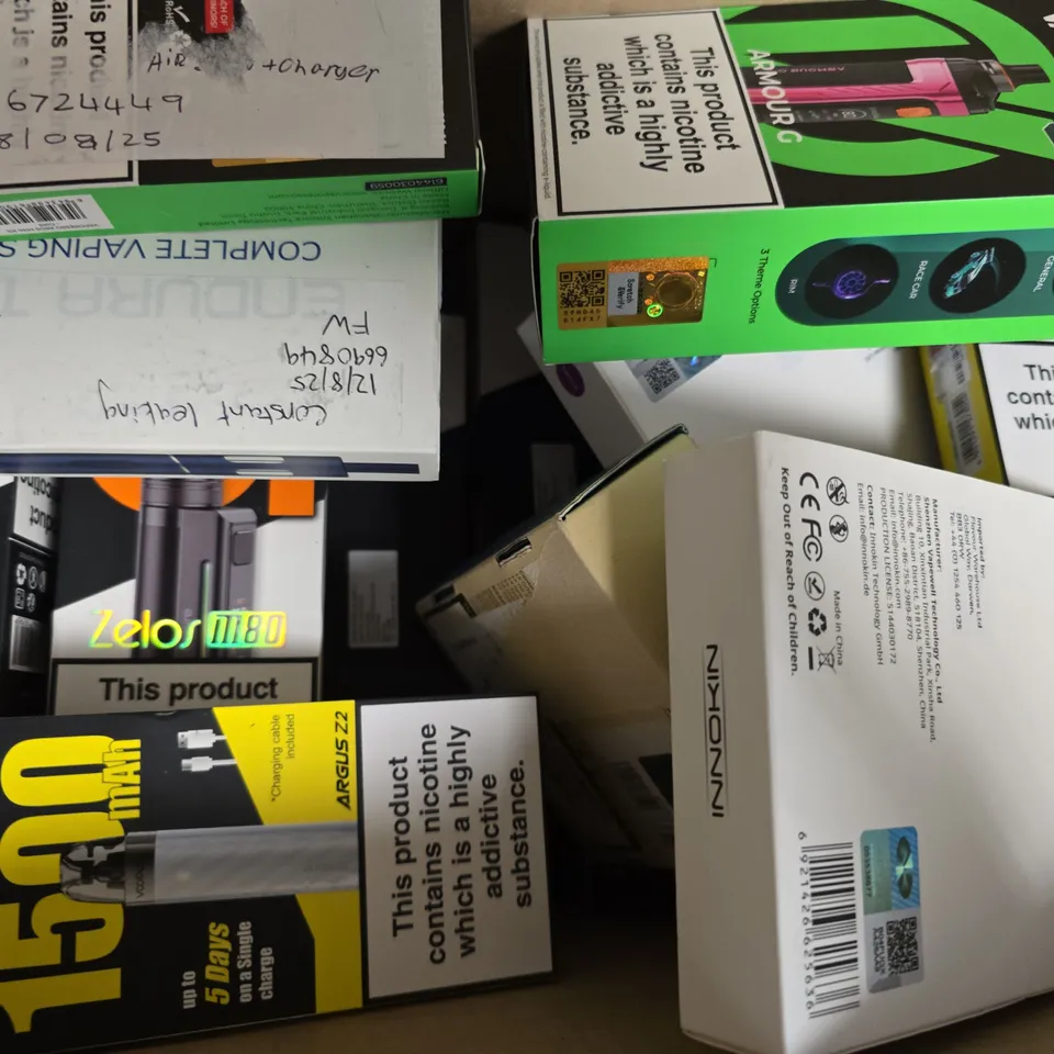 BOX OF APPROXIMATELY 20 ASSORTED E-CIGARETTE AND VAPING PRODUCTS TO INCLUDE VOOPOO, VAPORESSO, INNOKIN, ETC - COLLECTION ONLY