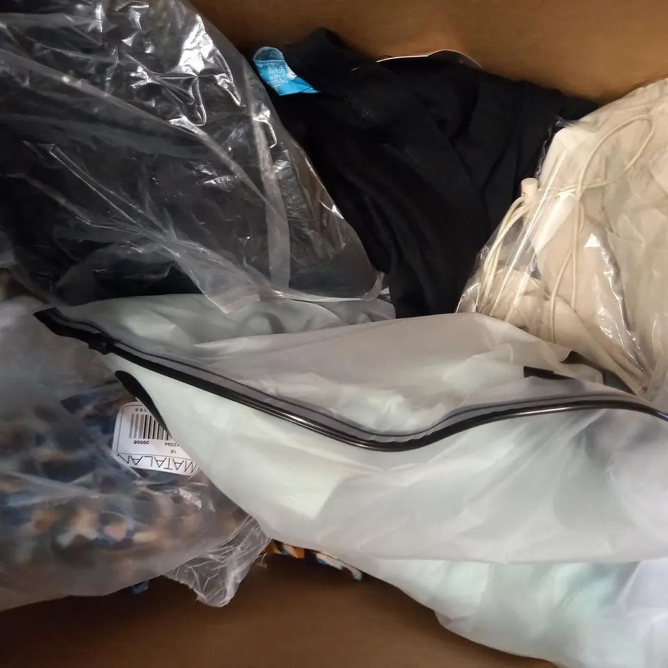 BOX OF APPROXIMATELY 10 ASSORTED CLOTHING AND FASHION ITEMS OF VARIOUS COLOURS AND STYLES TO INCLUDE SHEIN, SWEATY BETTY, BLOOMING JELLY, ETC