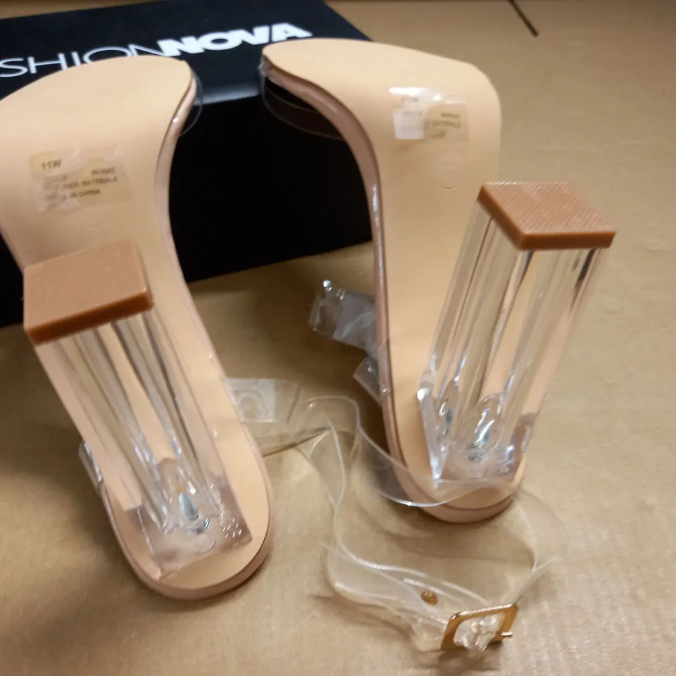 BOXED PAIR OF FASHION NOVA GLASS EFFECT SLIPPERS - 11 W CLEAR