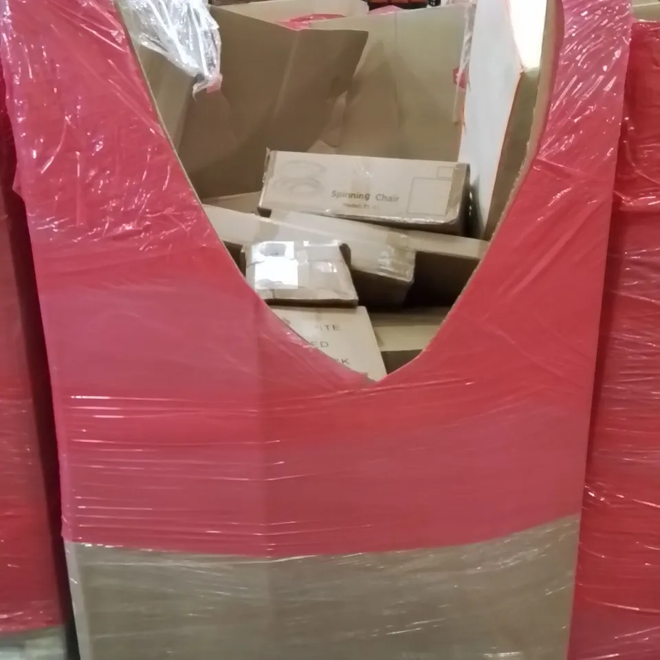 PALLET CONTAINING VARIOUS ASSORTED BOXED HOUSEHOLD ITEMS TO INCLUDE: BLENDER,BABY PLAYMAT, KIDS STROLLER, SPINNING CHAIR AND LOTS MORE UNMARKED BOXED ITEMS 