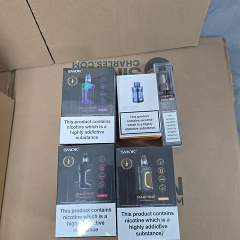 BOX OF APPROXIMATELY 30 ASSORTED E-CIGARETTES AND ACCOMPANIMENTS TO INCLUDE: SMOK MAG-18 KIT