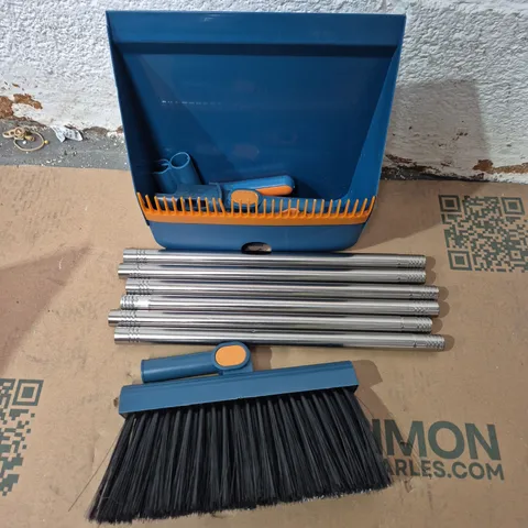 BLUE DUSTPAN & BROOM SET WITH CHROME EXTENSION POLES AND BRUSH