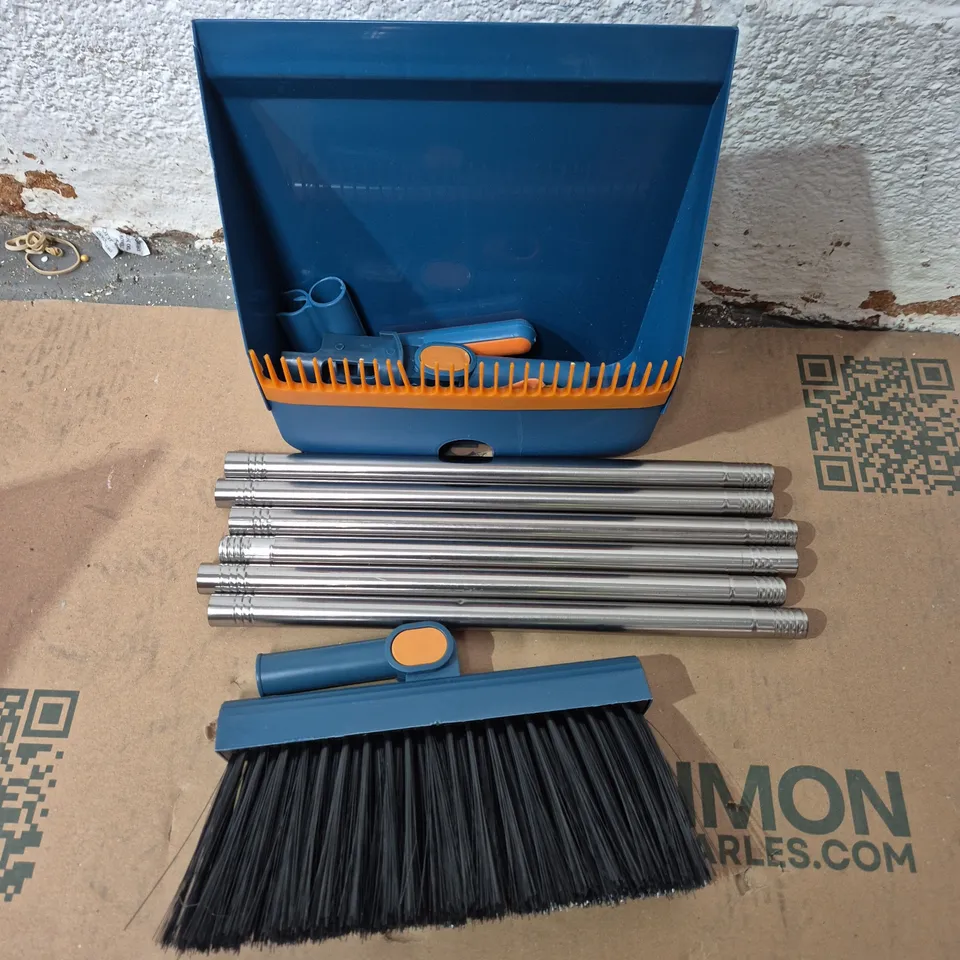 BLUE DUSTPAN & BROOM SET WITH CHROME EXTENSION POLES AND BRUSH