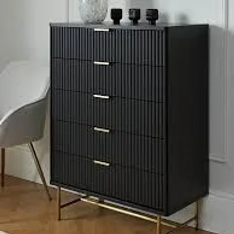 BOXED CORA 5 DRAWER CHEST - BLACK/BRASS EFFECT (1 BOX)