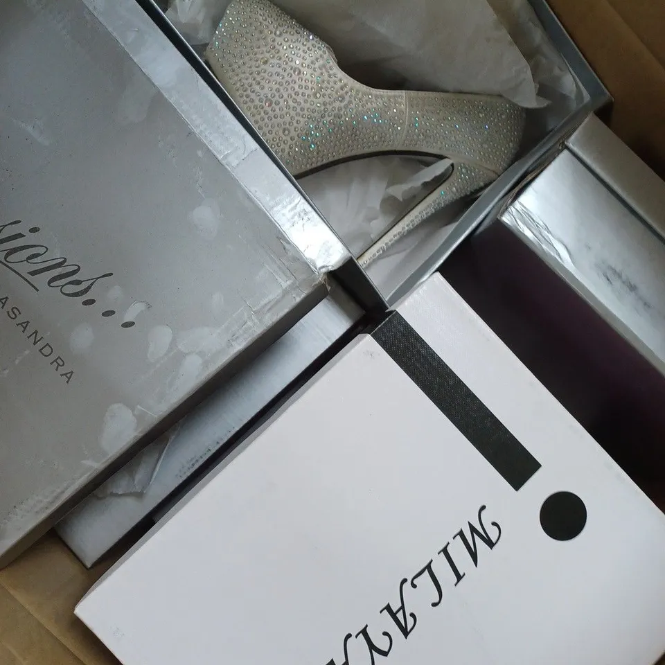 BOX OF APPROXIMATELY 15 PAIRS OF SHOES TO INCLUDE GEM HEELS, WHITE HEELS, FLORAL HEELS ETC