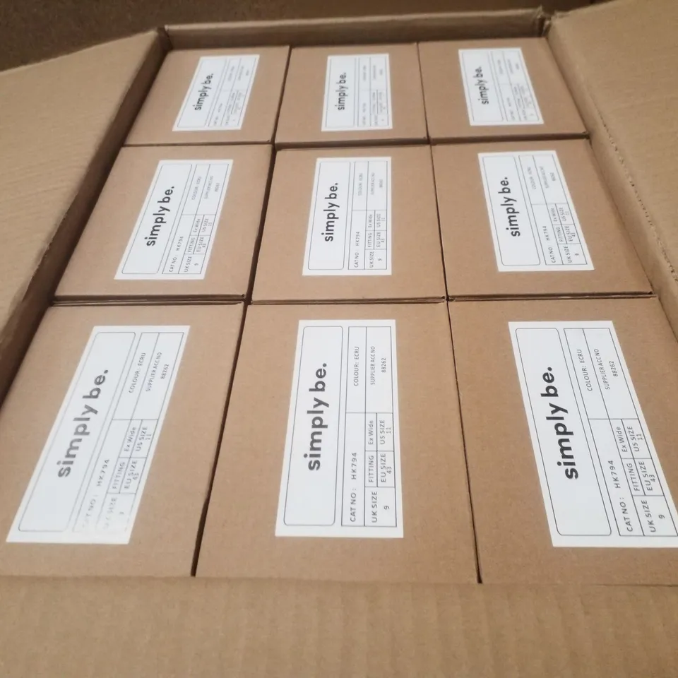 BOX CONTAINING APPROXIMATELY 9 PAIRS OF BRAND NEW SIMPLY BE ECRU BROOKE EX WIDE FLATS - SIZE 9