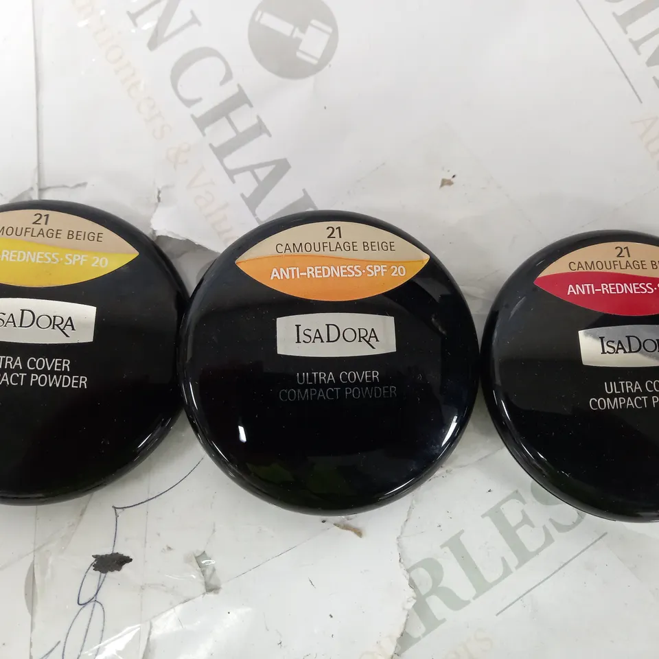 BOX OF APPROXIMATELY 10 TUBS OF ISADORA ULTRA COVER COMPACT POWDER - NO.21 CAMOUFLAGE BEIGE - SPF 20