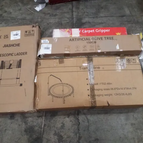 PALLET CONTAINING ASSORTED PRODUCTS INCLUDING TELESCOPIC LADDER, FITNESS TRAMPOLINE, ARTIFICIAL OLIVE TREE, DIY CARPET GRIPPER & ARTHRI GRIP