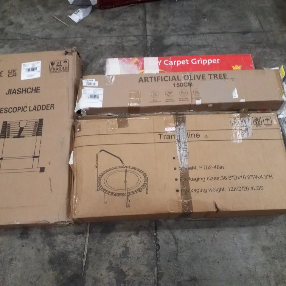 PALLET CONTAINING ASSORTED PRODUCTS INCLUDING TELESCOPIC LADDER, FITNESS TRAMPOLINE, ARTIFICIAL OLIVE TREE, DIY CARPET GRIPPER & ARTHRI GRIP