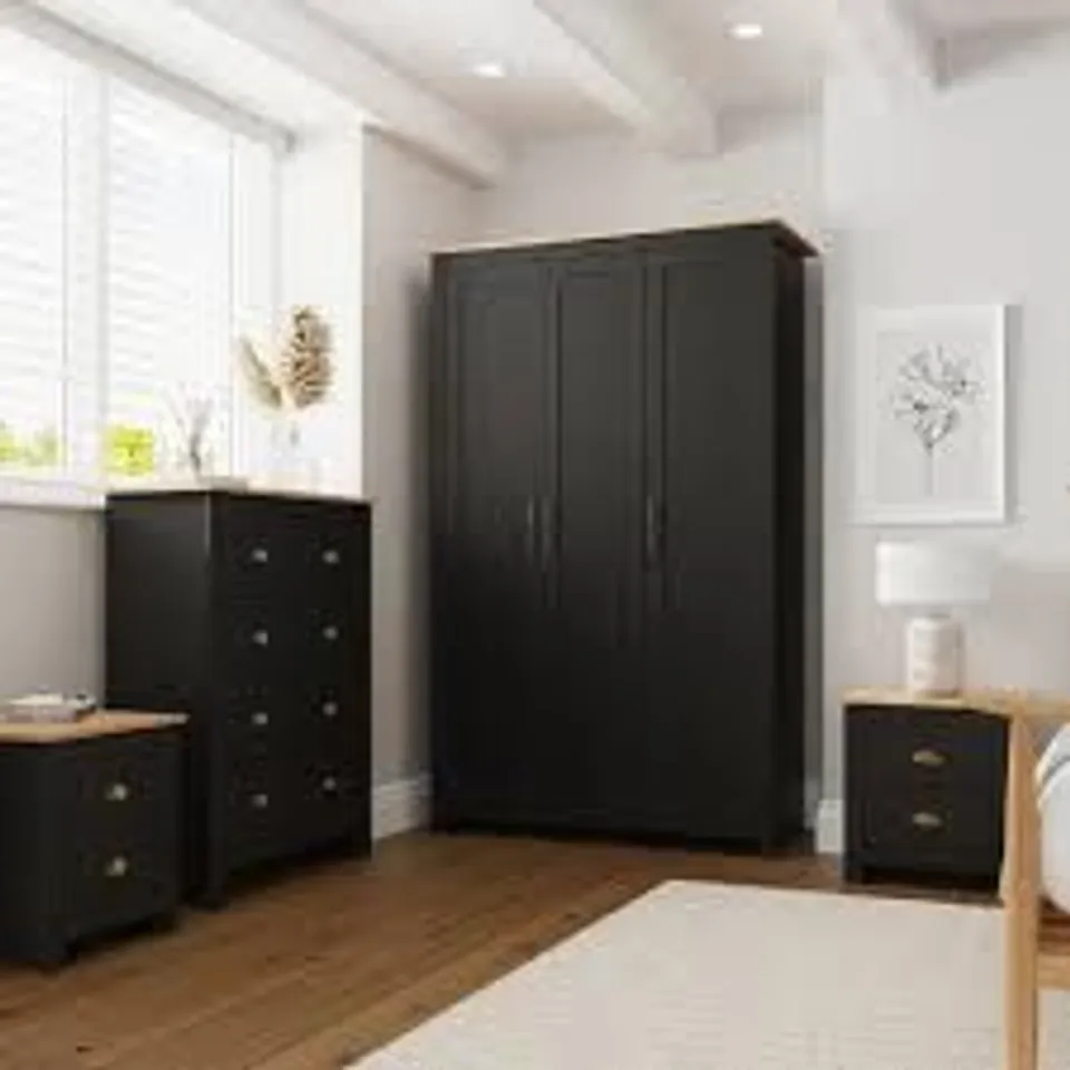 BOXED GFW LANCASTER 4 PIECE BLACK AND OAK BEDROOM SET (4 BOXES)