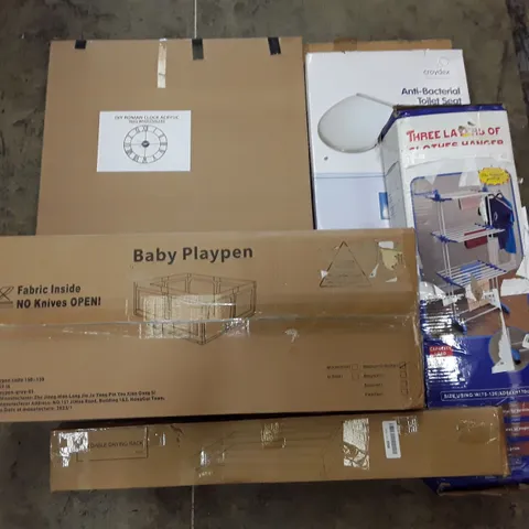 PALLET OF ASSORTED PRODUCTS INCLUDING BODY CLOCK, FOLDABLE DRYING RACK, BABY PLAYPEN, TOILET SEAT, 3 LAYERS OF CLOTHES HANGERS