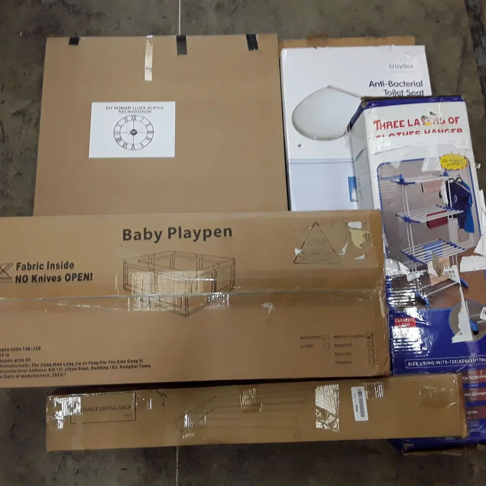 PALLET OF ASSORTED PRODUCTS INCLUDING BODY CLOCK, FOLDABLE DRYING RACK, BABY PLAYPEN, TOILET SEAT, 3 LAYERS OF CLOTHES HANGERS 