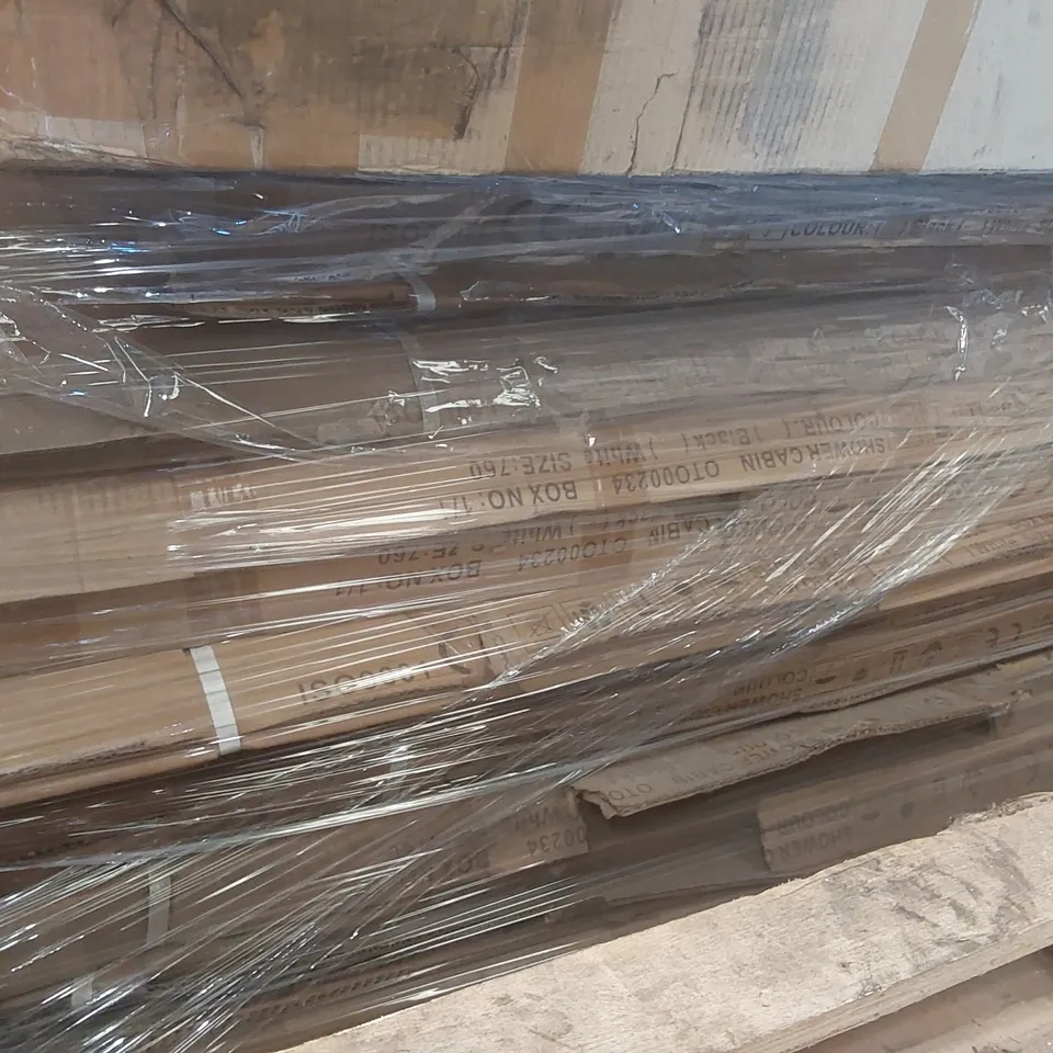 PALLET CONTAINING A LARGE QUANTITY OF ASSORTED BATHROOM FURNITURE PARTS INCLUDING: SHOWER CABINS ECT