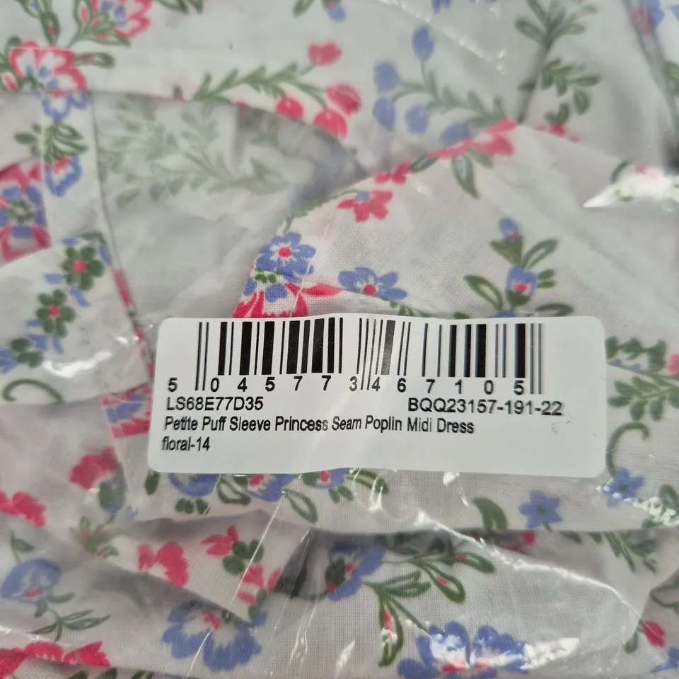 DEBENHAMS PETITE PUFF SLEEVE PRINCESS SEAM POPLIN MIDI DRESS – FLORAL, UK 14