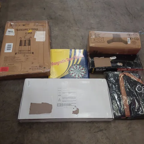 PALLET OF ASSORTED ITEMS INCLUDING: TELESCOPIC LADDERS, SHOWER MIXER SYSTEM, BAG, PULL UP BAR, MAGNETIC DART GAME, ERGONOMIC READING PILLOW ECT