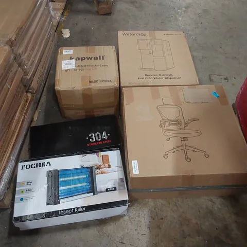 PALLET OF ASSORTED ITEMS INCLUDING: WATER DISPENSER, OFFICE CHAIR, INSECT KILLER, TAP, CHAIR COVERS ECT