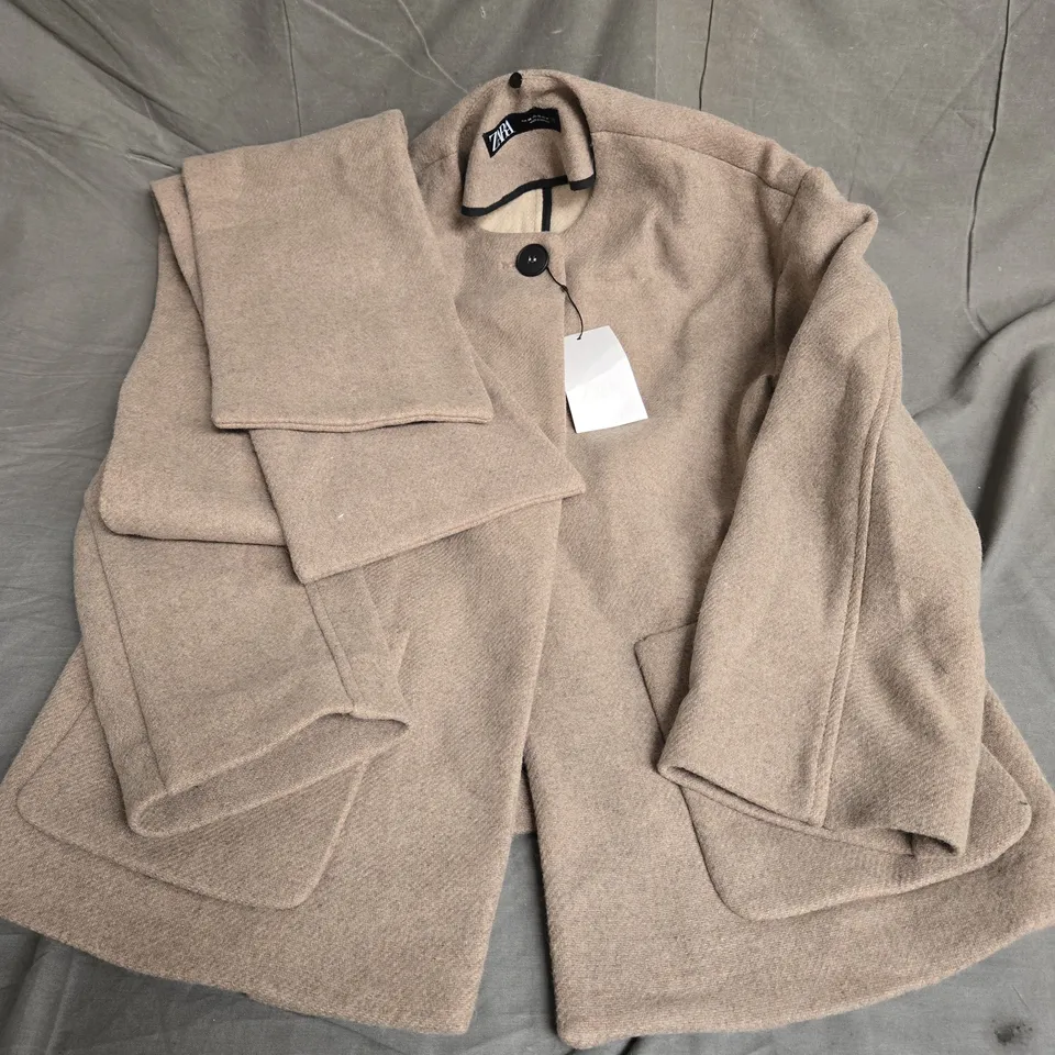 ZARA JACKET & SCARF IN DARK BEIGE SIZE XS