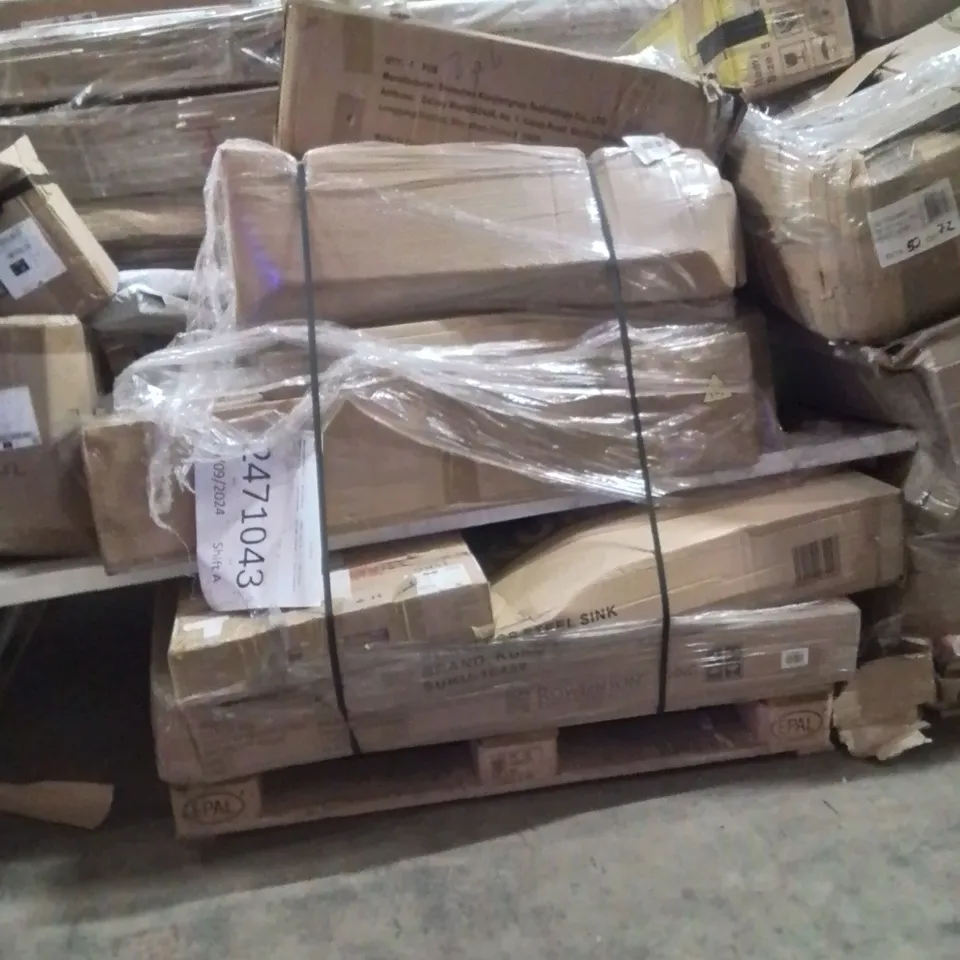 PALLET OF ASSORTED HOUSEHOLD GOODS AND PRODUCTS TO INCLUDE;DOOR,STAINLESS STEEL SINK,BENCH