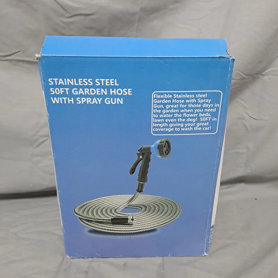 STAINLESS STEEL 50FT GARDEN HOSE WITH SPRAY GUN