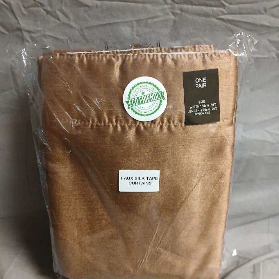 FAUX SILK TAPE CURTAINS – ONE PAIR, 168CM W X 229CM L (66" X 90"), BRONZE
