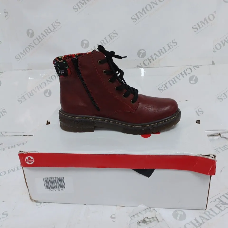 BOXED RIEKER RED INTREST COLLAR BOOTS- SIZE 6 