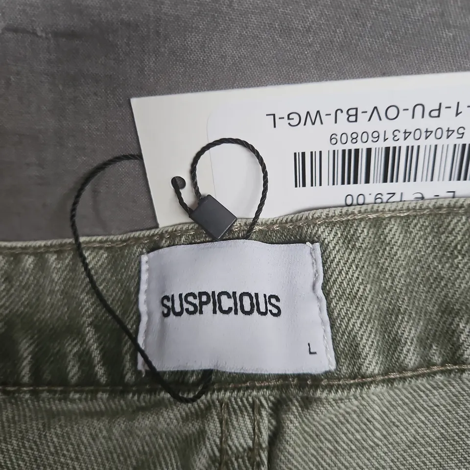SUSPICIOUS OLIVE GREEN DENIM TROUSERS – SIZE L