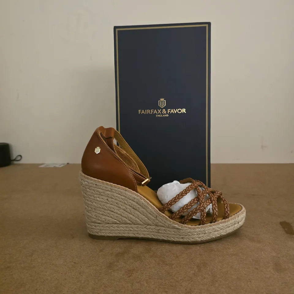 FAIRFAX & FAVOR ESPADRILLE WEDGE SANDALS – BROWN LEATHER STRAPS UK 7