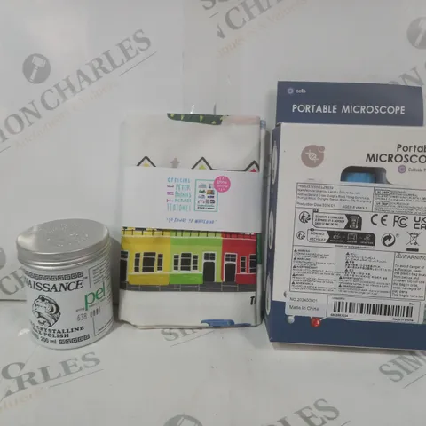 APPROXIMATELY 10 ASSORTED HOUSEHOLD ITEMS TO INCLUDE PORTABLE MICROSCOPE, TEATOWEL, ETC