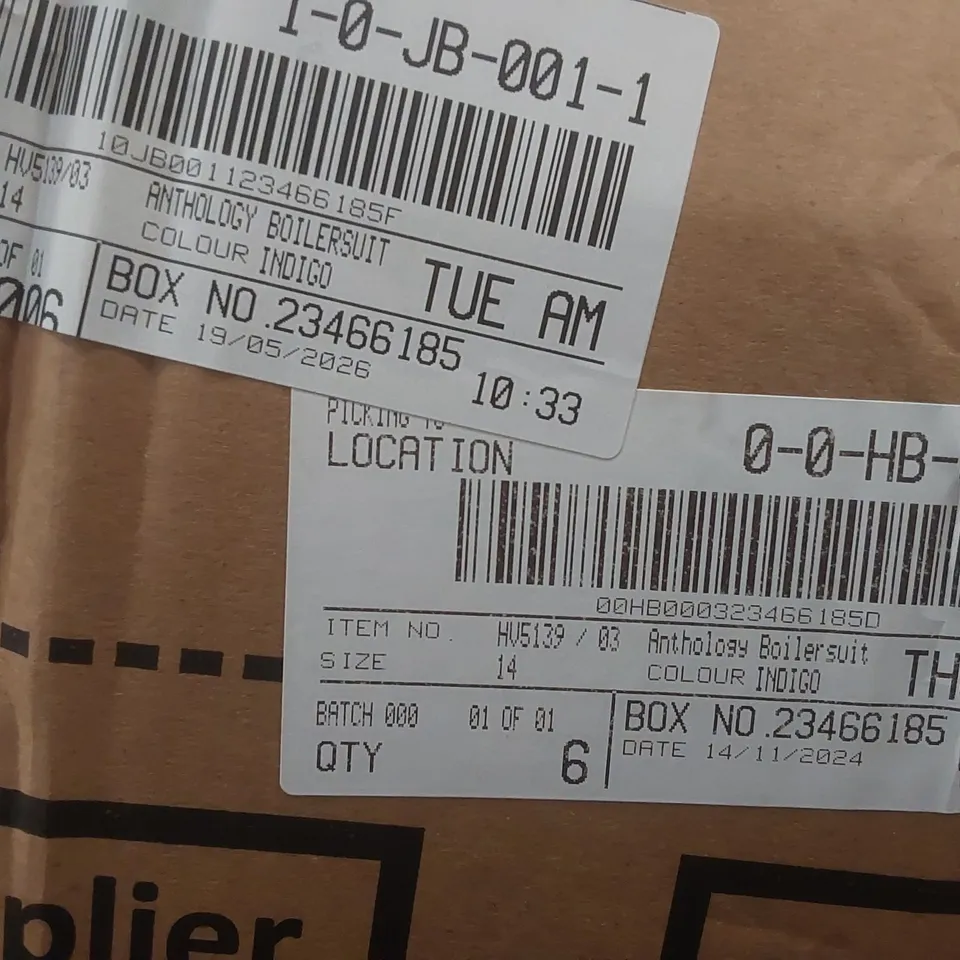 BOX CONTAINING APPROXIMATELY 6x BRAND NEW ANTHOLOGY INDIGO BOILERSUITS - SIZE 14