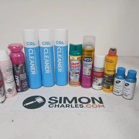 APPROXIMATELY 16 ASSORTED AEROSOLS TO INCLUDE; ASSORTED AEROSOL SPRAYS AND CLEANERS β CRL CLEANER, SCP SPRAY, ELBOW GREASE, VO5, LβORΓAL EXPERT (LOT)