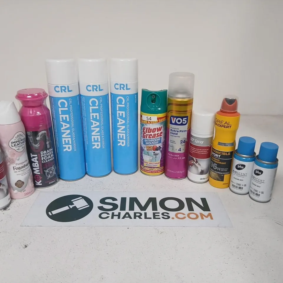 APPROXIMATELY 16 ASSORTED AEROSOLS TO INCLUDE; ASSORTED AEROSOL SPRAYS AND CLEANERS – CRL CLEANER, SCP SPRAY, ELBOW GREASE, VO5, L’ORÉAL EXPERT (LOT)