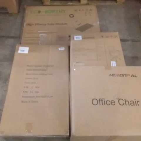 PALLET OF ASSORTED ITEMS INCLUDING ECO-WORTHY HIGH EFFICENCY SOLAR MODULE, HIRONPAL OFFICE CHAIR, AIR COOLER, HORNFEL MARTELLO PATIO HEATER, COMOMA OFFICE CHAIR, MICROWAVE OVEN RACK