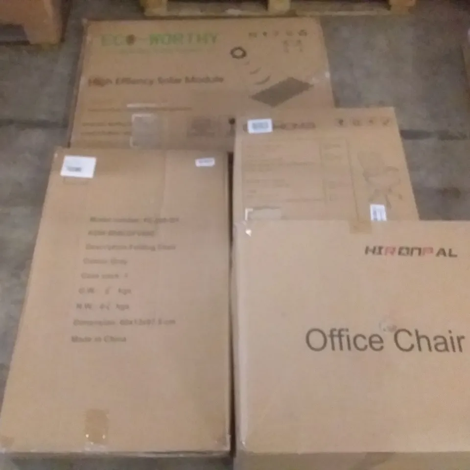 PALLET OF ASSORTED ITEMS INCLUDING ECO-WORTHY HIGH EFFICENCY SOLAR MODULE, HIRONPAL OFFICE CHAIR, AIR COOLER, HORNFEL MARTELLO PATIO HEATER, COMOMA OFFICE CHAIR, MICROWAVE OVEN RACK