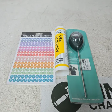 APPROXIMATELY 10 ASSORTED HOUSEHOLD PRODUCTS TO INCLUDE PLANNER STICKERS, ADHESIVE, MOIST METER ETC 