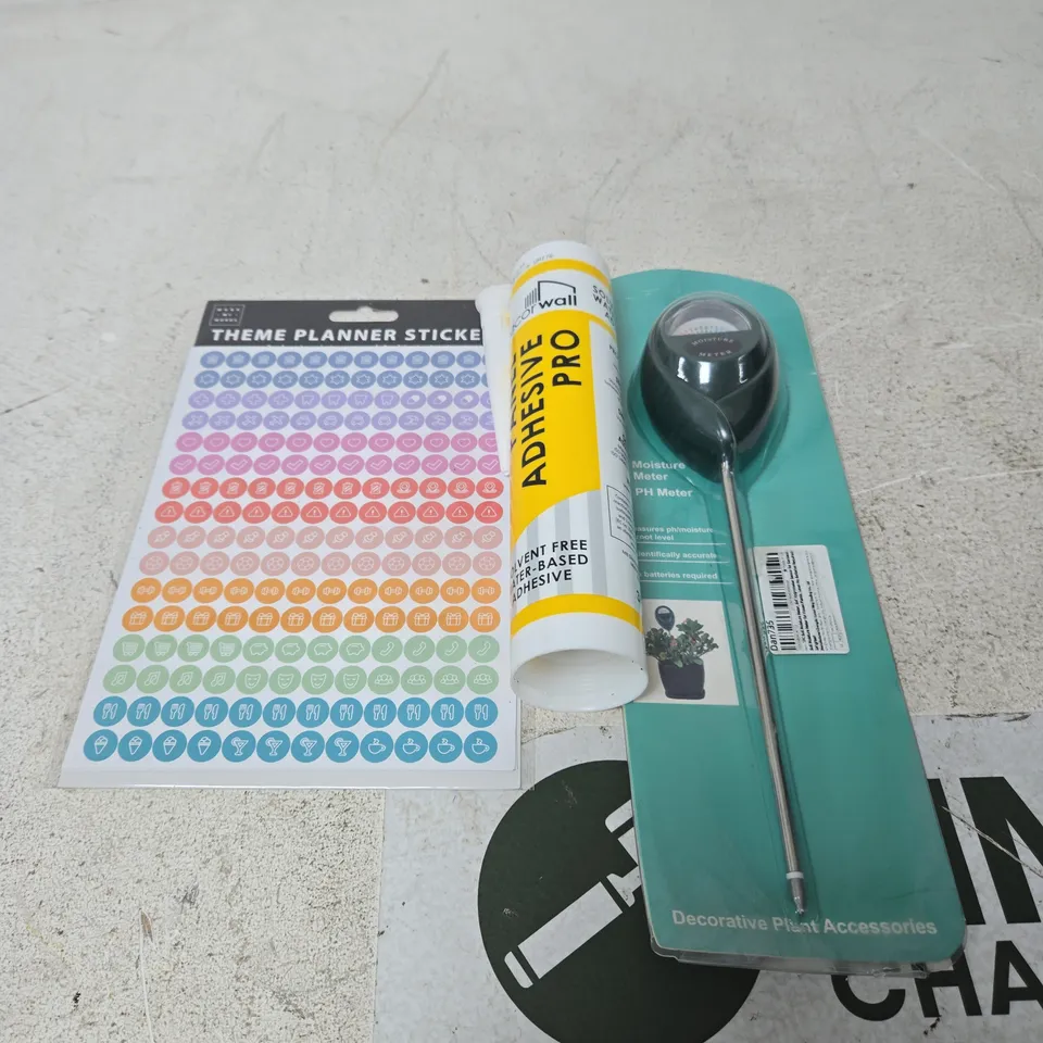 APPROXIMATELY 10 ASSORTED HOUSEHOLD PRODUCTS TO INCLUDE PLANNER STICKERS, ADHESIVE, MOIST METER ETC 