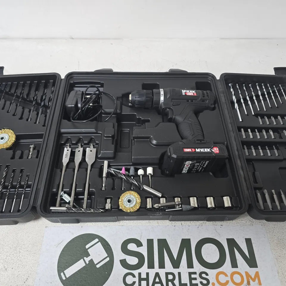 MYLEK 18V CORDLESS DRILL SET IN CASE WITH BITS & ATTACHMENTS
