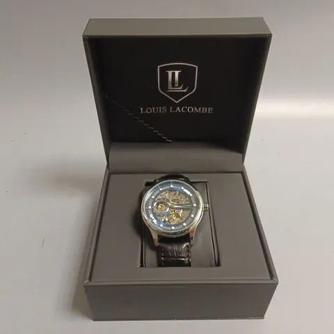 MENS LOUIS LACOMBE AUTOMATIC WATCH – SKELETON DIAL – GLASS EXHIBITION BACK CASE – LEATHER STRAP