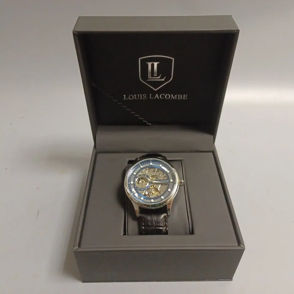 MENS LOUIS LACOMBE AUTOMATIC WATCH – SKELETON DIAL – GLASS EXHIBITION BACK CASE – LEATHER STRAP