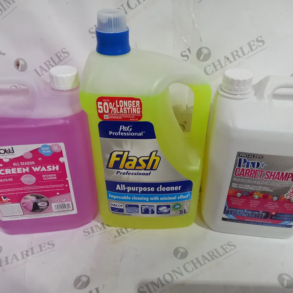 BOX OF APPROX 4 ASSORTED LIQUIDS TO INCLUDE - FLASH ALL PURPOSE CLEANER - PRO+ CARPET SHAMPOO - FLOW SCREEN WASH 