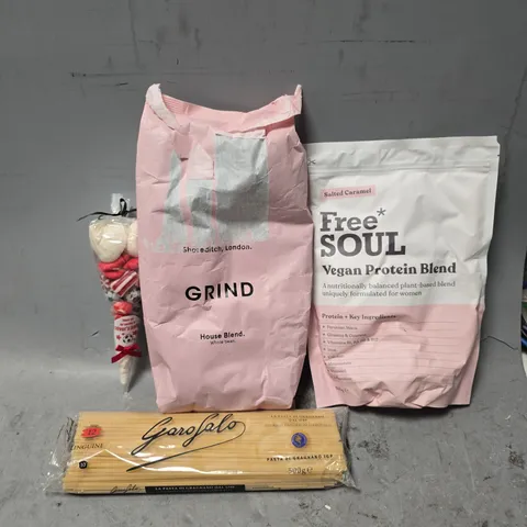 APPROXIMATELY 12 ASSORTED FOOD ITEMS TO INCLUDE - GRIND HOUSE BLEND , FREE SOUL SALTED CARAMEL VEGAN PROTEIN BLEND ETC