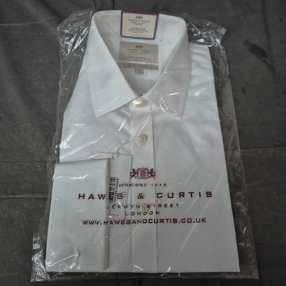 bagged HAWES & CURTIS EXTRA SLIM FIT WHITE SHIRT – NECK 15.5 IN, SLEEVE 34 IN, 2-PLY COTTON (SEMI-CUTAWAY COLLAR, DOUBLE CUFF)