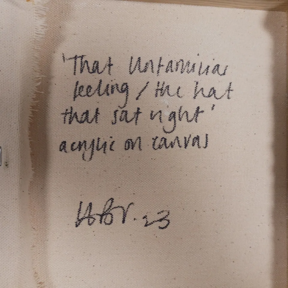 HB INITIALISED 'THAT UNFAMILIAR FEELING/THE HAT THAT SAT RIGHT' ACRYLIC CANVAS PAINTING