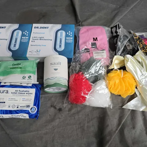 APPROXIMATELY 10 ASSORTED HEALTH & BEAUTY PRODUCTS TO INCLUDE TOILET WIPES, LED TEETH WHITENING KIT, AND SAALT MENSTRUAL DISCETC.